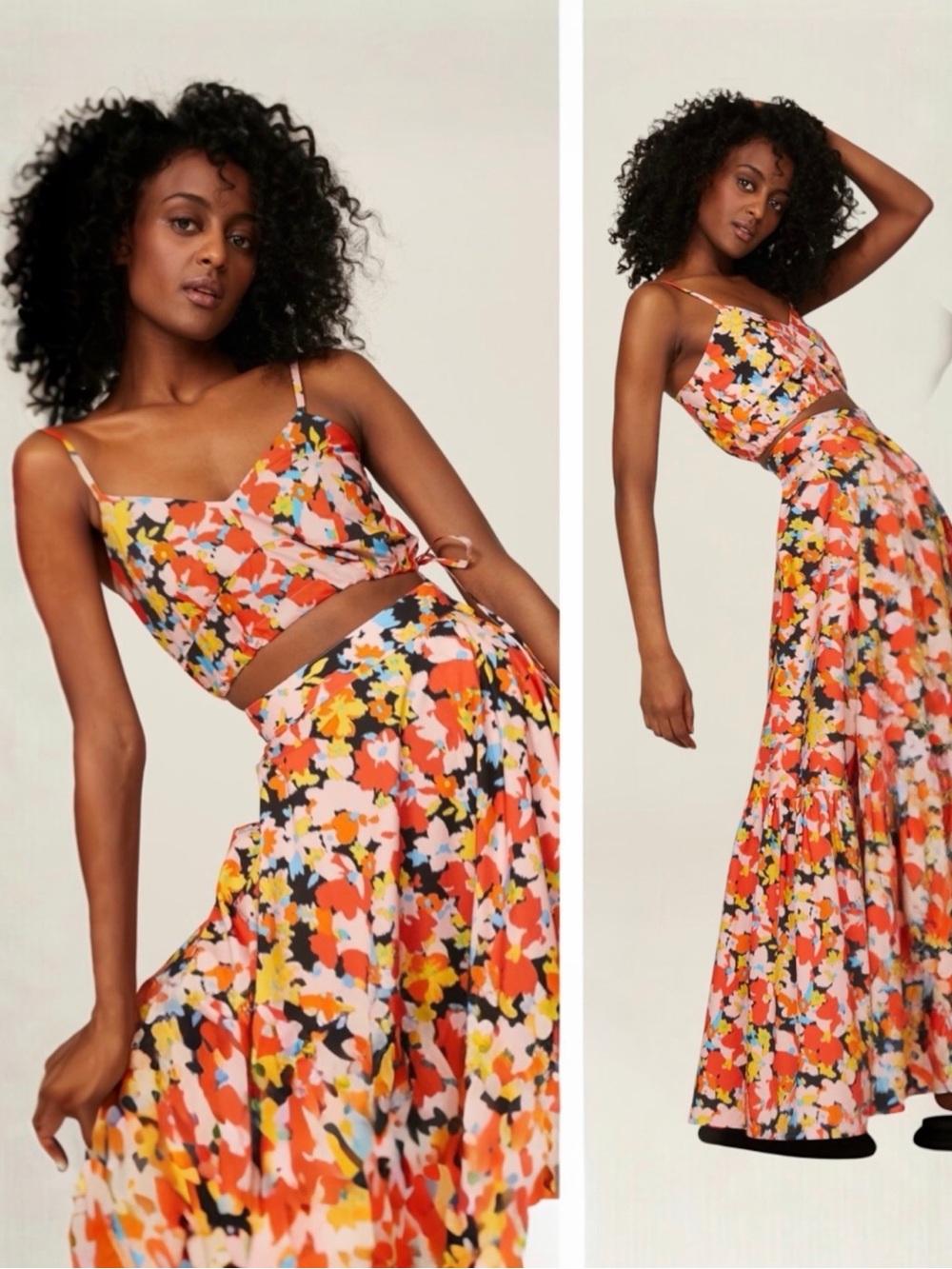 Plan C Orange Boho Floral Crop Top & Matching Maxi Skirt Set Size Large 10 / 12